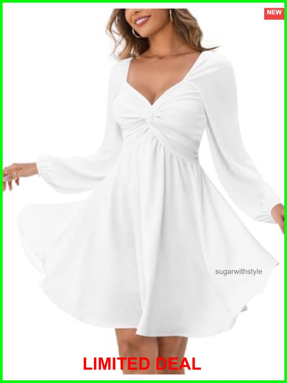 Sweetheart Knot Front Lantern Sleeve Smocked Back A-Line Chiffon Mini Dress